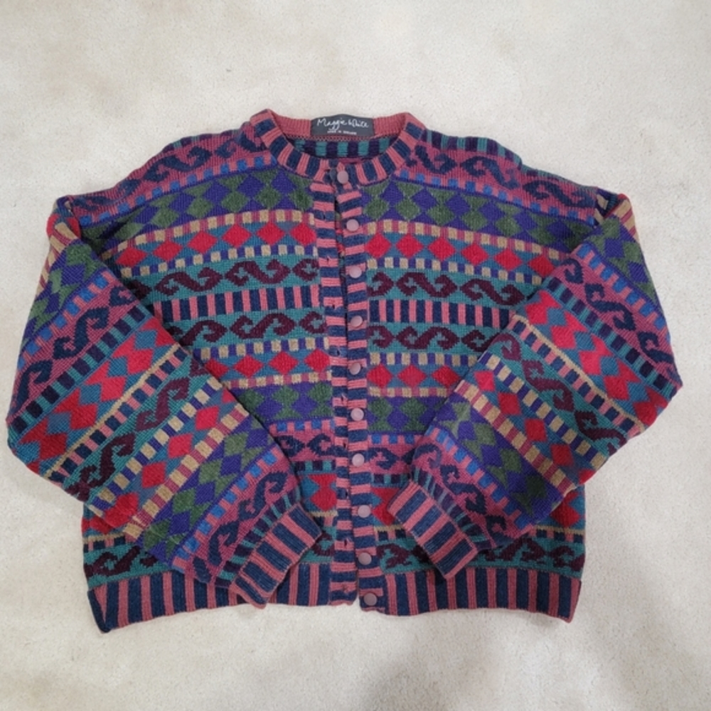 Maggie White Made in London cardigan button down designer vintage wool colorful
